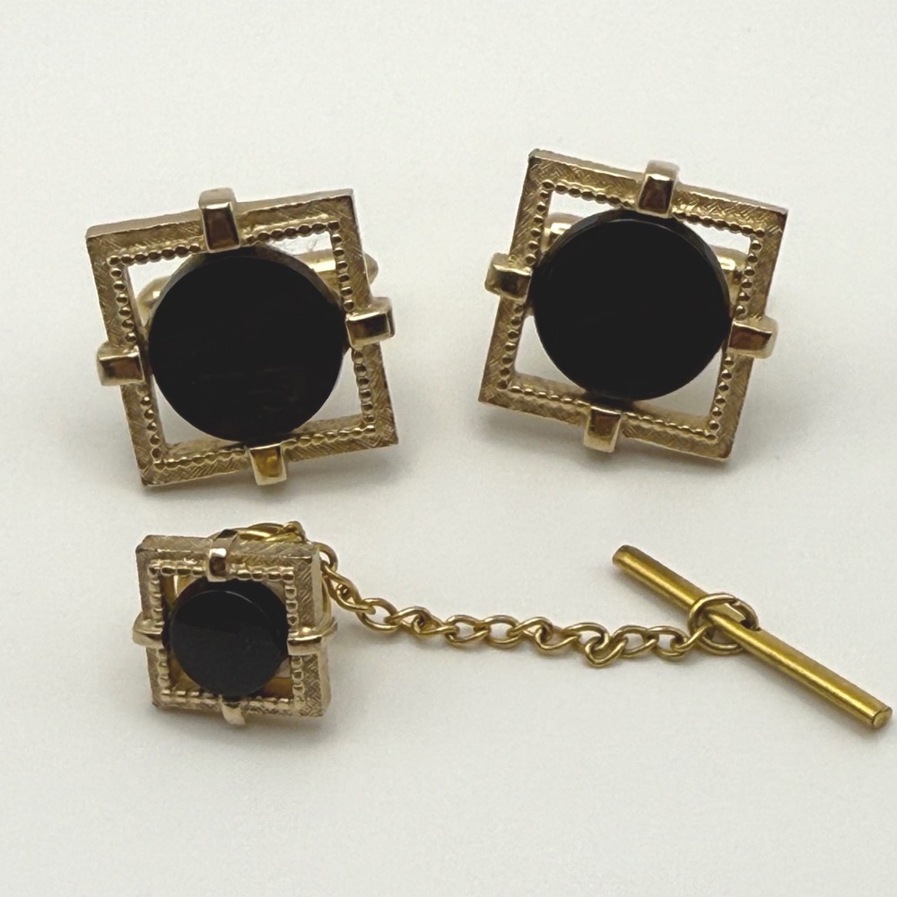 Swank Cufflink Tie Tack Set OS Gold Black Square Geometric MCM Retro Formal